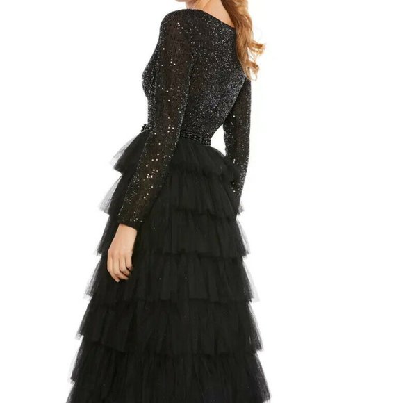 Mac Duggal Black Sequin Tiered Long Sleeve Tulle Dress - Picture 3 of 5